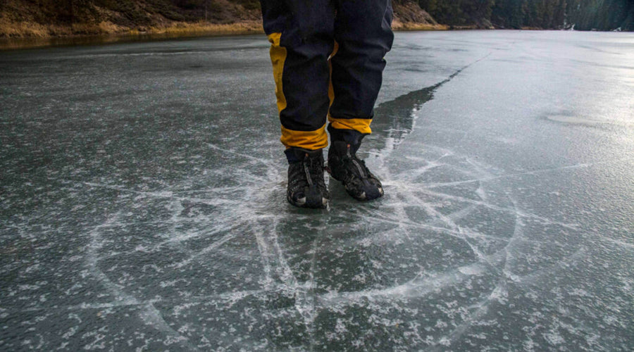 ice assesment fundamentals Minnesota Ice Thickness Guidelines Person standing on ice that is cracking beneath them Ontario ice thickness guidelines