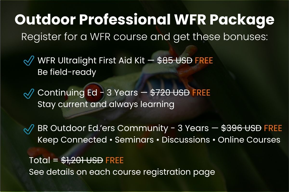 Outdoor Professional WFR Package — free bonuses include first aid kit, continuing education, and community membership.