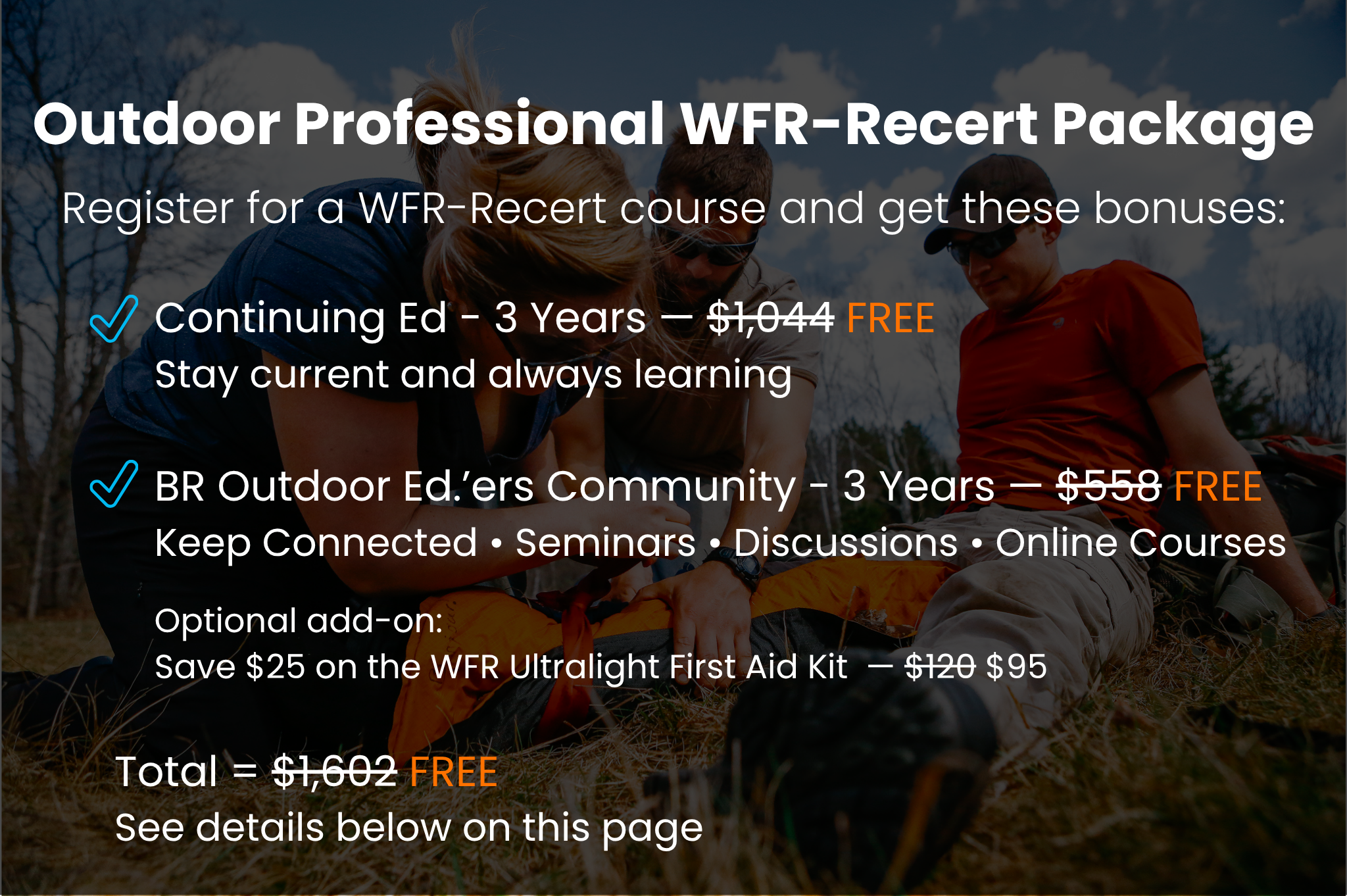 Outdoor Professional WFR-Recert Package — free bonuses include 3-year continuing education and community membership.